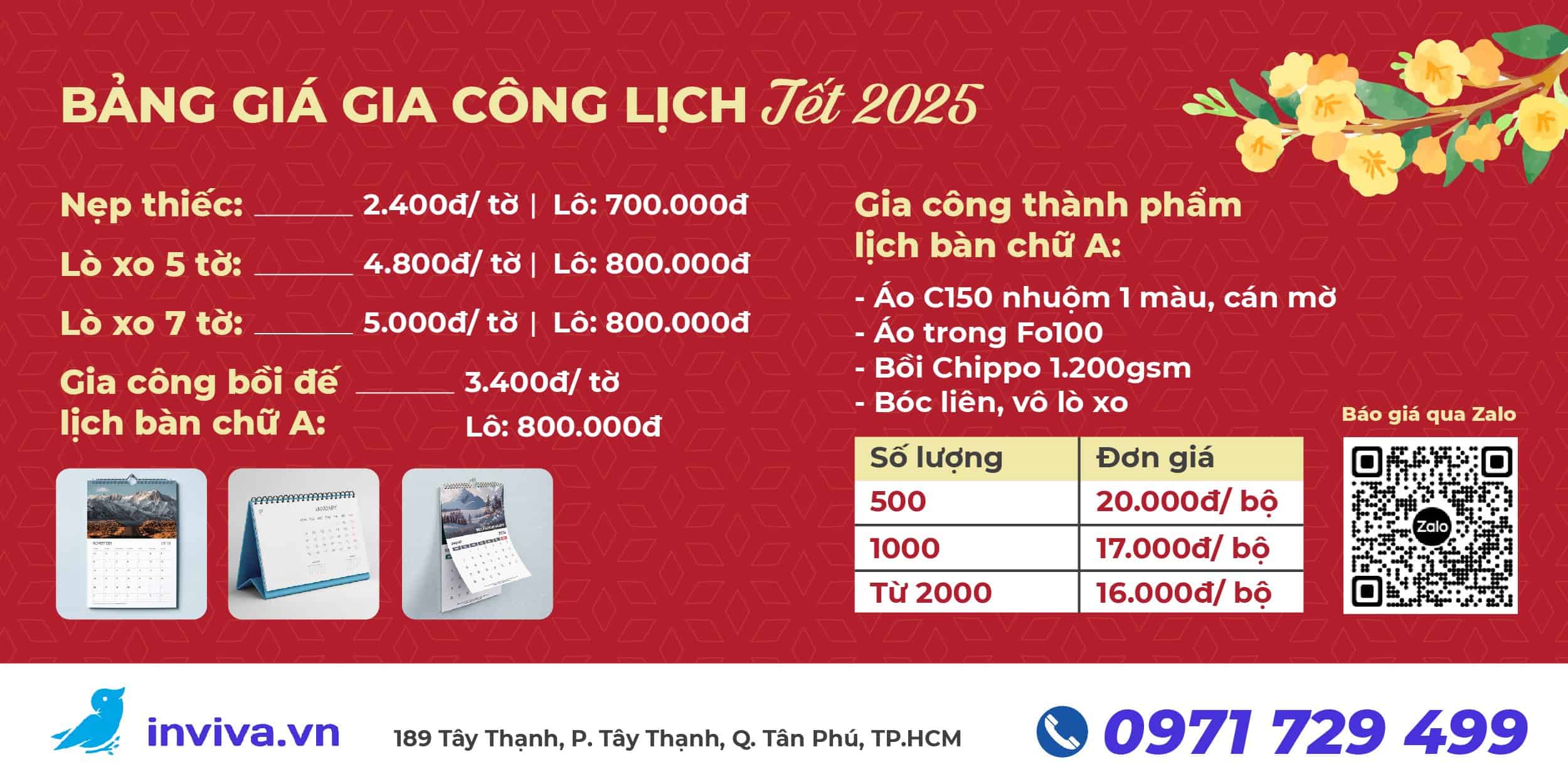 Bảng báo giá gia công lịch tết 2025