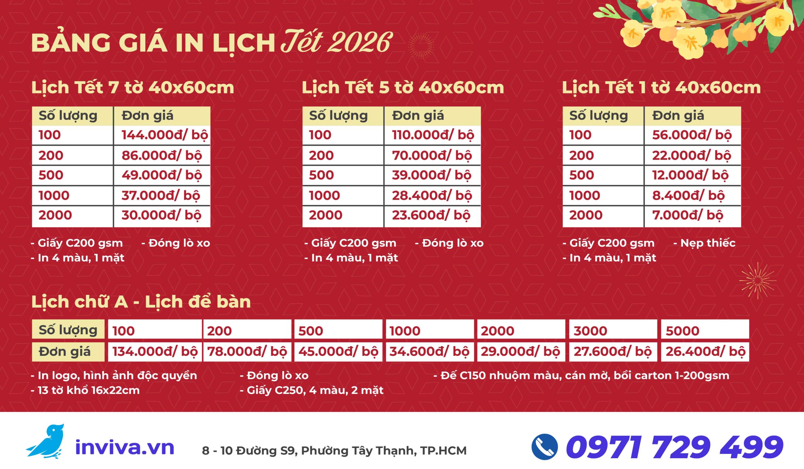 Bảng giá in ấn Lịch Tết 2026