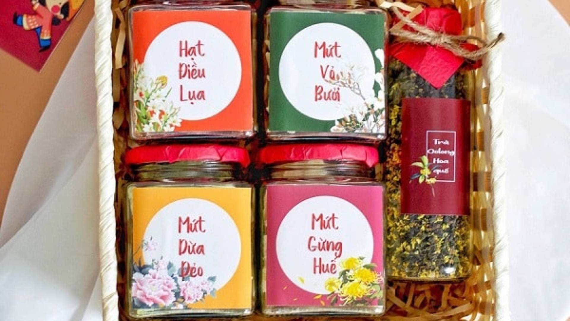 Mẫu tem dán hộp bánh, set quà tặng nhiều màu