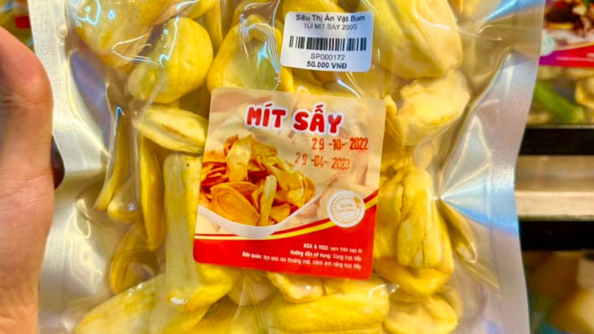 Mẫu tem mít sấy siêu thị ăn vặt