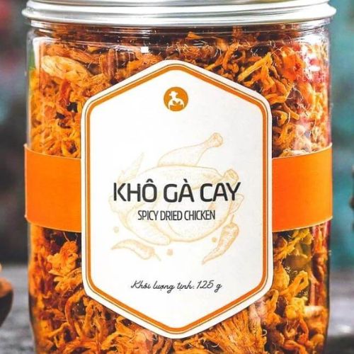In tem dán khô gà cay lên hộp nhựa