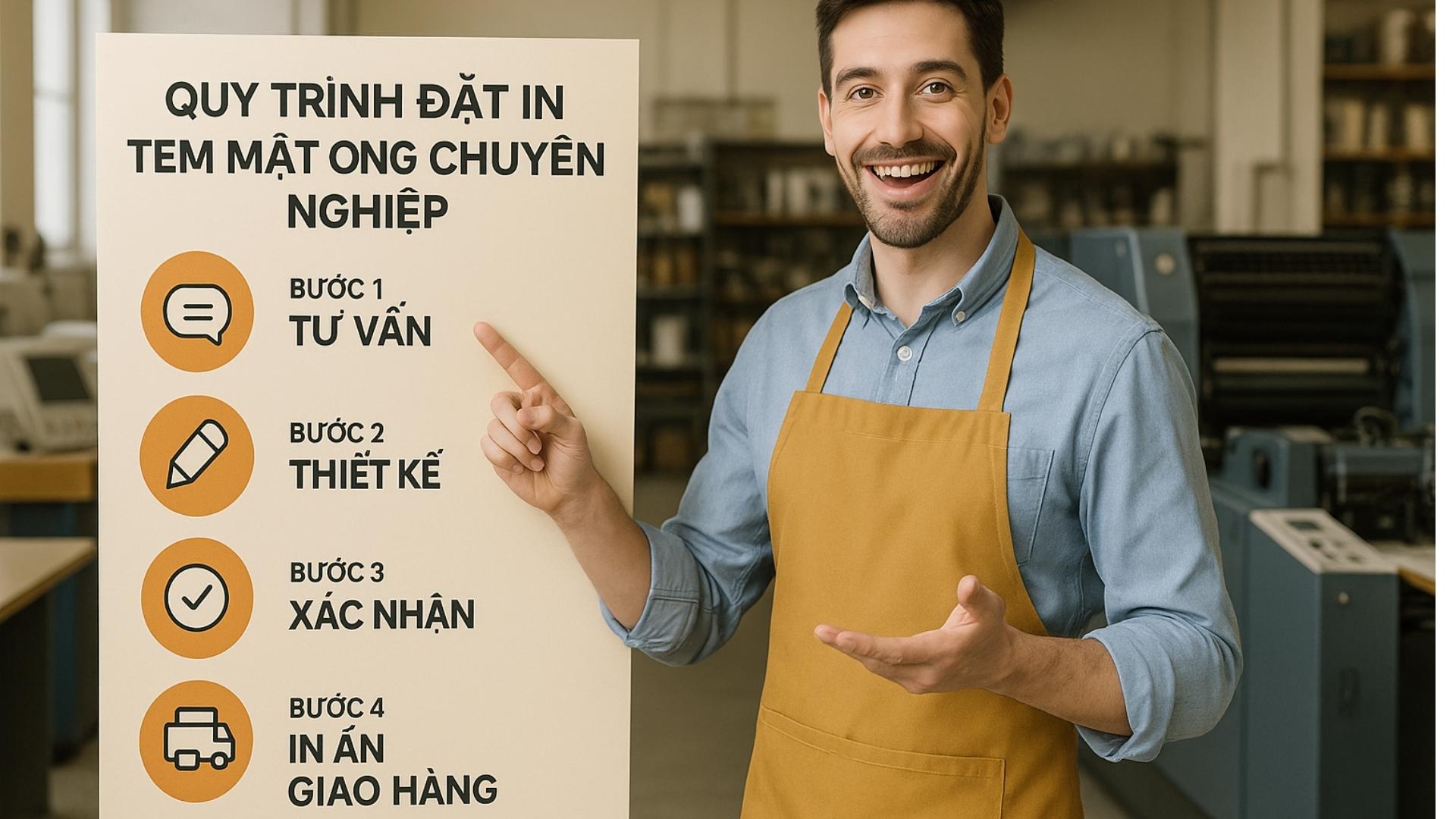 Quy trình đặt in tem mật ong, nhãn tem chai mật ong tại In Viva - Hình minh họa