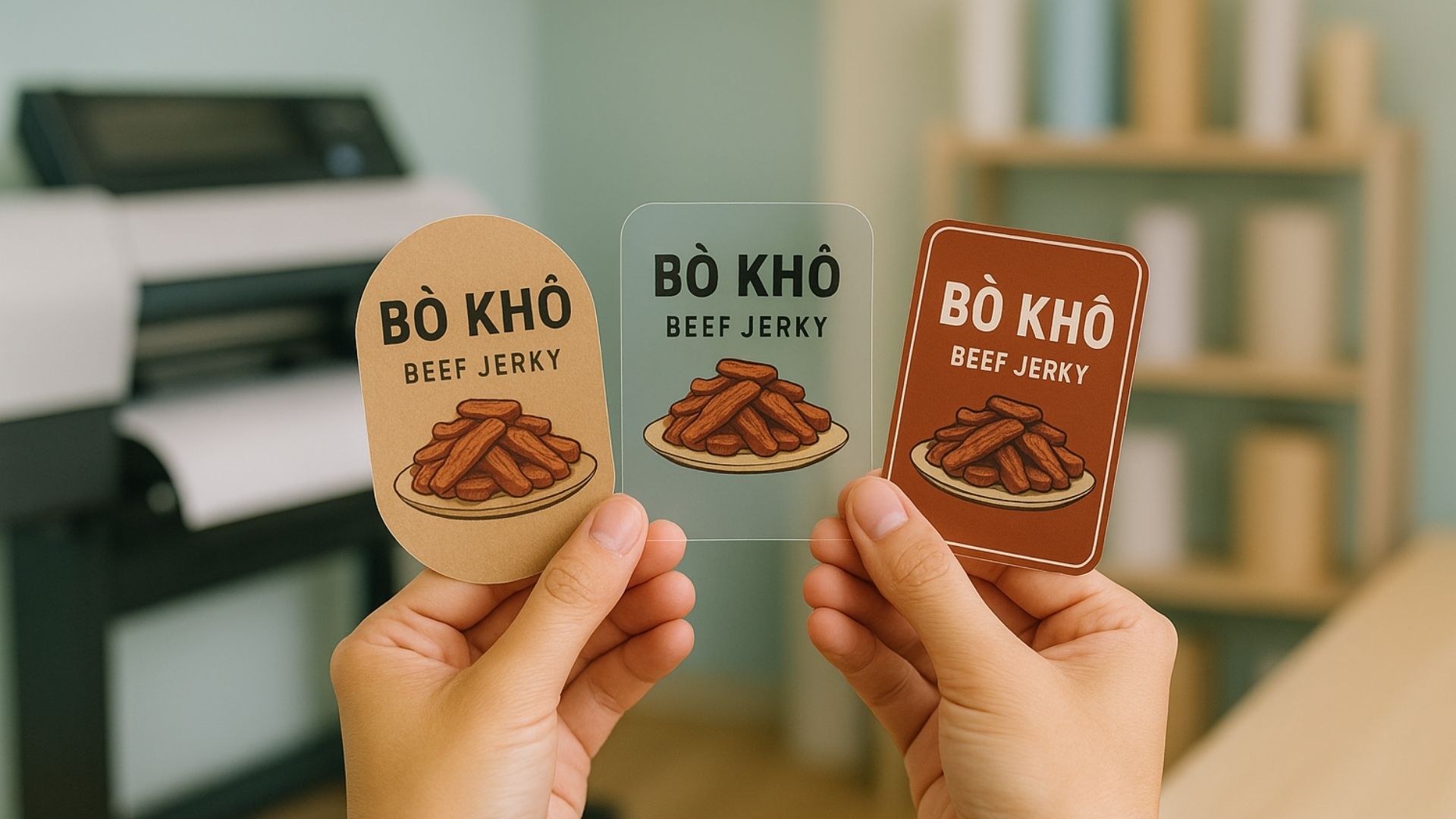 Tem nhãn bò khô có thể làm từ giấy kraft, nhựa hoặc decal - Hình minh họa