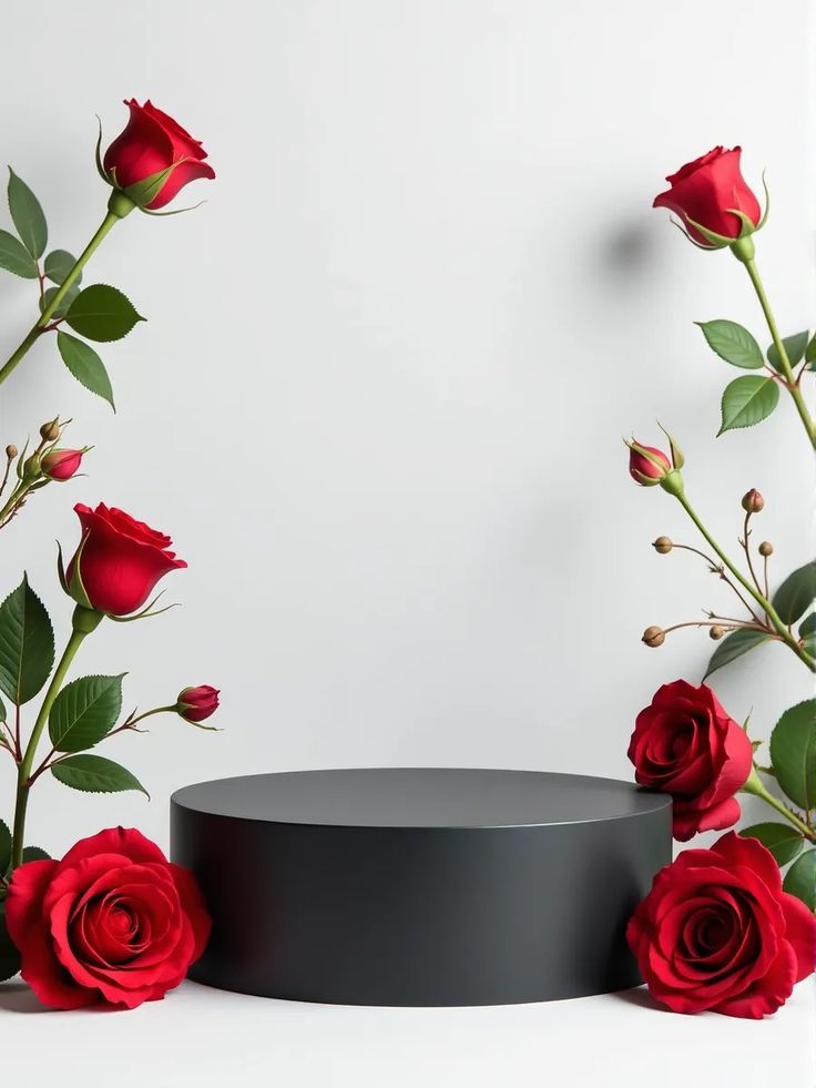 Background chụp sản phẩm với bục trưng bày đen cùng hoa hồng