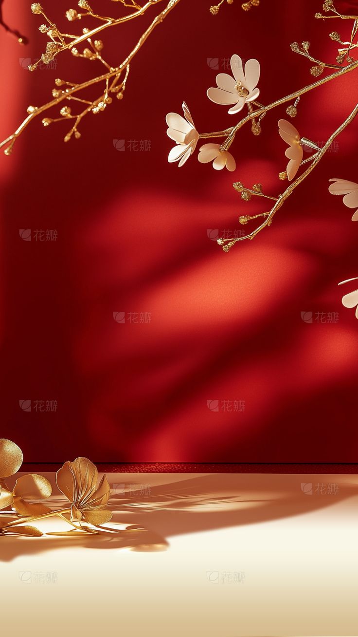 Phông nền trưng bày tone đỏ và hoa lá dát vàng sang trọng