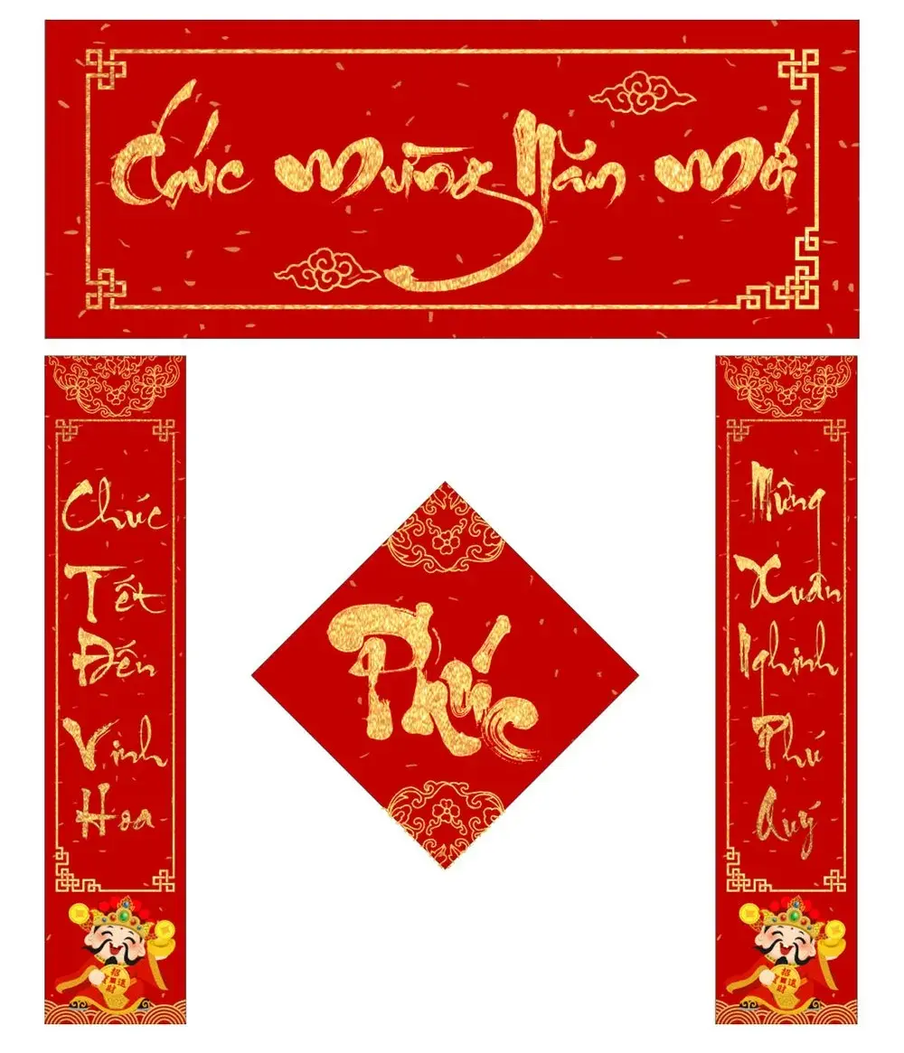 Mẫu câu đối Tết vector nền đỏ chữ vàng phù hợp trang trí ngày xuân
