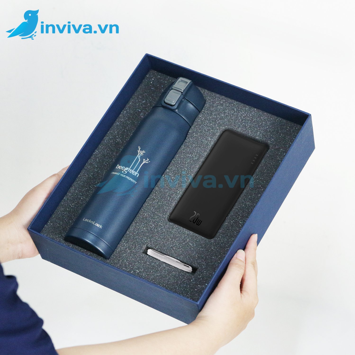 Dự án hộp âm dương nắp gập đựng bình giữ nhiệt và sạc dự phòng Beegreen