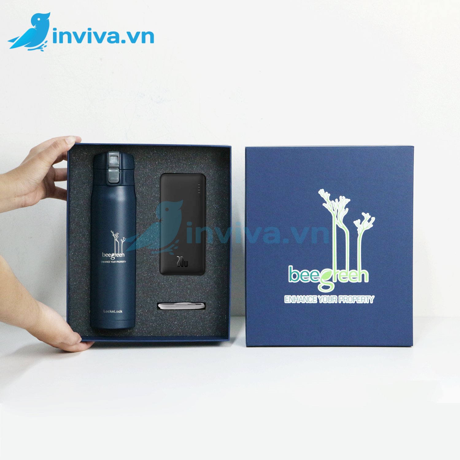 Dự án hộp âm dương nắp gập đựng bình giữ nhiệt và sạc dự phòng Beegreen