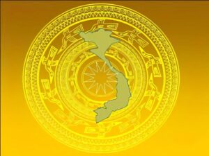 Logo trống đồng nền vàng bản đồ Việt Nam