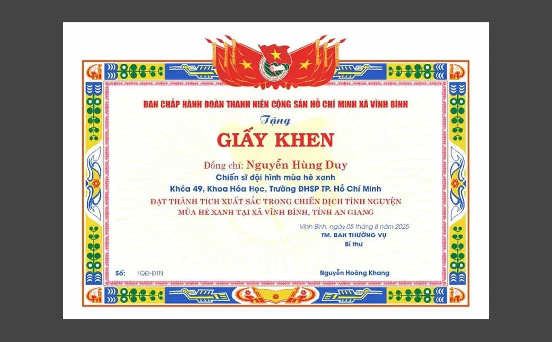 Giấy khen đoàn Thanh Niên CDR