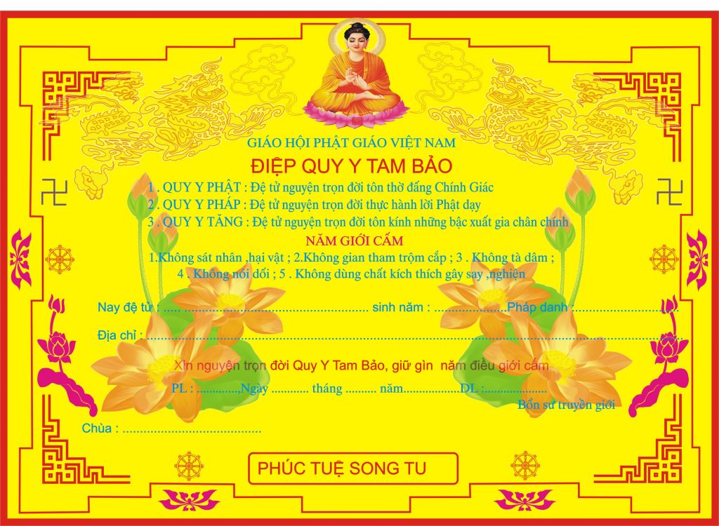 Giấy chứng nhận quy y tam bảo nền vàng trang nghiêm