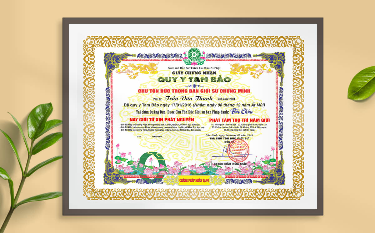 Mẫu giấy quy y Tam Bảo đẹp dành cho Phật tử tại gia