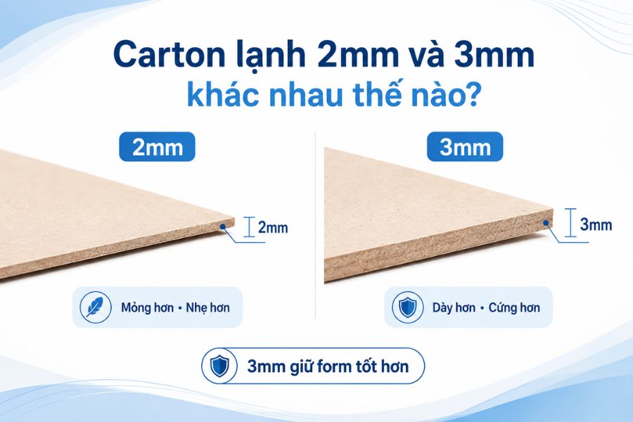 Carton lạnh 2mm và 3mm sẽ khác nhau về độ cứng và khả năng giữ form Carton lạnh 2mm và 3mm sẽ khác nhau về độ cứng và khả năng giữ form
