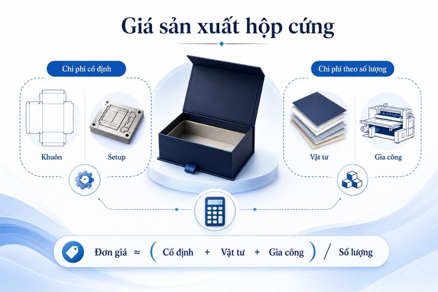 Chi phí hộp cứng được hình thành từ chi phí cố định, vật tư, gia công và số lượng thành phẩm Chi phí hộp cứng được hình thành từ chi phí cố định, vật tư, gia công và số lượng thành phẩm