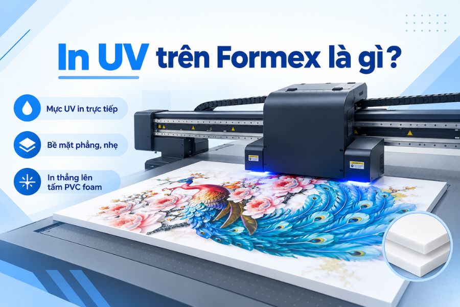 In UV trực tiếp hình ảnh lên bề mặt tấm Formex bằng máy UV hiện đại In UV trực tiếp hình ảnh lên bề mặt tấm Formex bằng máy UV hiện đại