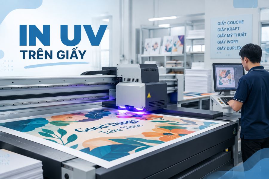 In UV tạo trực tiếp hình ảnh bằng mực, còn phủ UV chủ yếu tạo hiệu ứng bề mặt sau in In UV tạo trực tiếp hình ảnh bằng mực, còn phủ UV chủ yếu tạo hiệu ứng bề mặt sau in