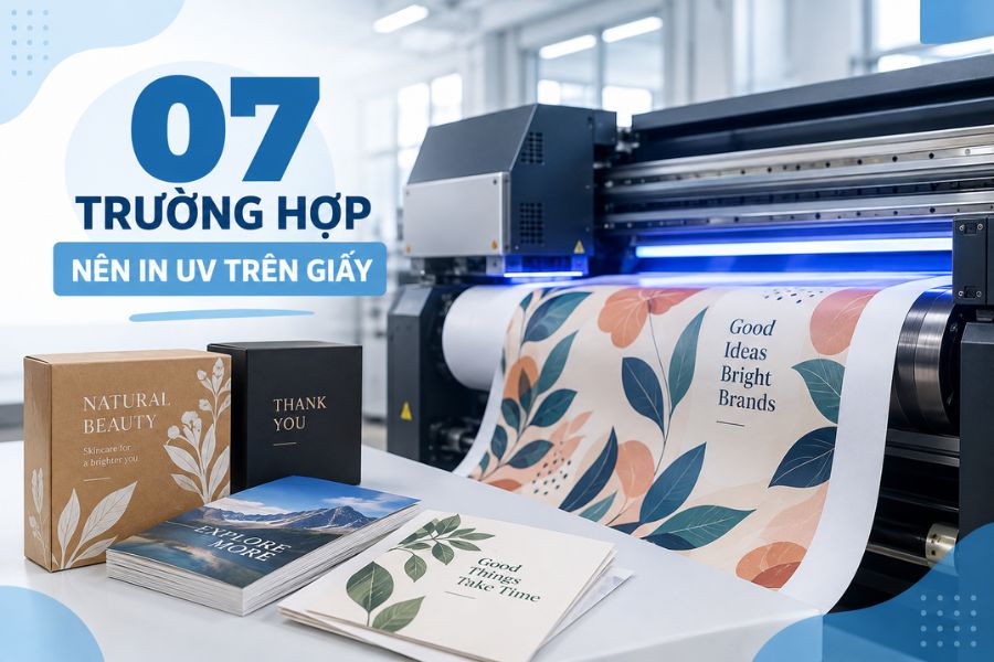 UV phù hợp khi cần mực trắng, giấy màu, nội dung thay đổi hoặc mẫu thử số lượng ít UV phù hợp khi cần mực trắng, giấy màu, nội dung thay đổi hoặc mẫu thử số lượng ít