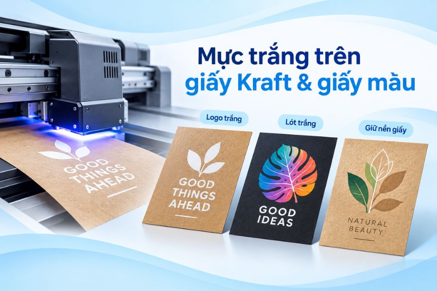 Lớp mực trắng giúp logo nổi rõ hơn trên nền tối và kiểm soát tốt màu in phía trên Lớp mực trắng giúp logo nổi rõ hơn trên nền tối và kiểm soát tốt màu in phía trên