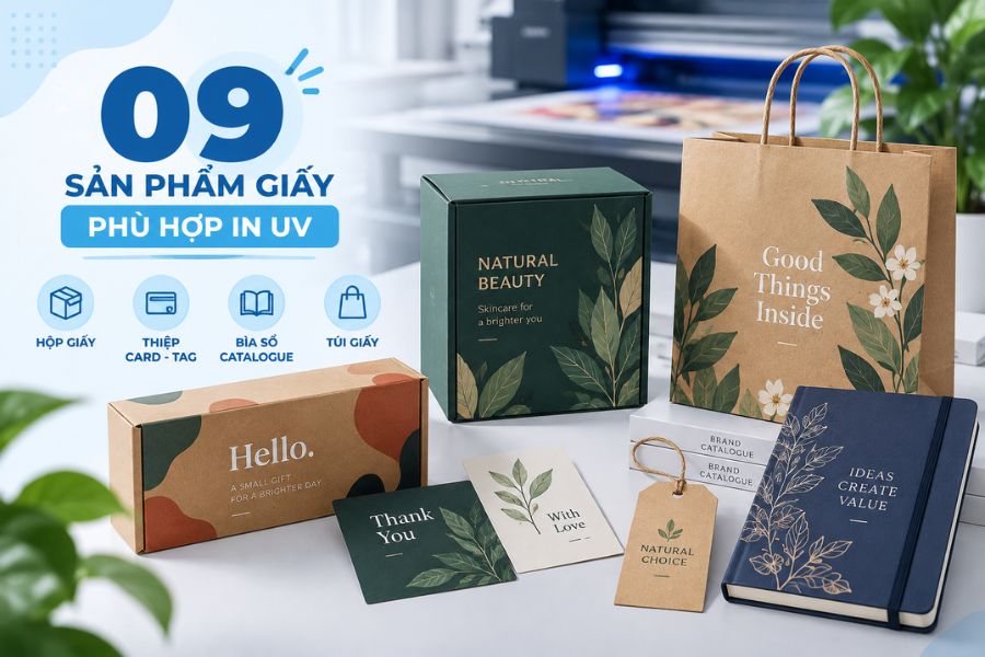 Hộp, thiệp, tag, bìa sổ và túi giấy đều có thể ứng dụng UV theo từng thiết kế Hộp, thiệp, tag, bìa sổ và túi giấy đều có thể ứng dụng UV theo từng thiết kế