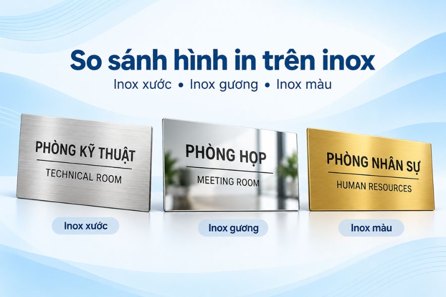 Mỗi kiểu bề mặt inox ảnh hưởng khác nhau đến màu in, độ phản sáng và cách sử dụng mực trắng Mỗi kiểu bề mặt inox ảnh hưởng khác nhau đến màu in, độ phản sáng và cách sử dụng mực trắng