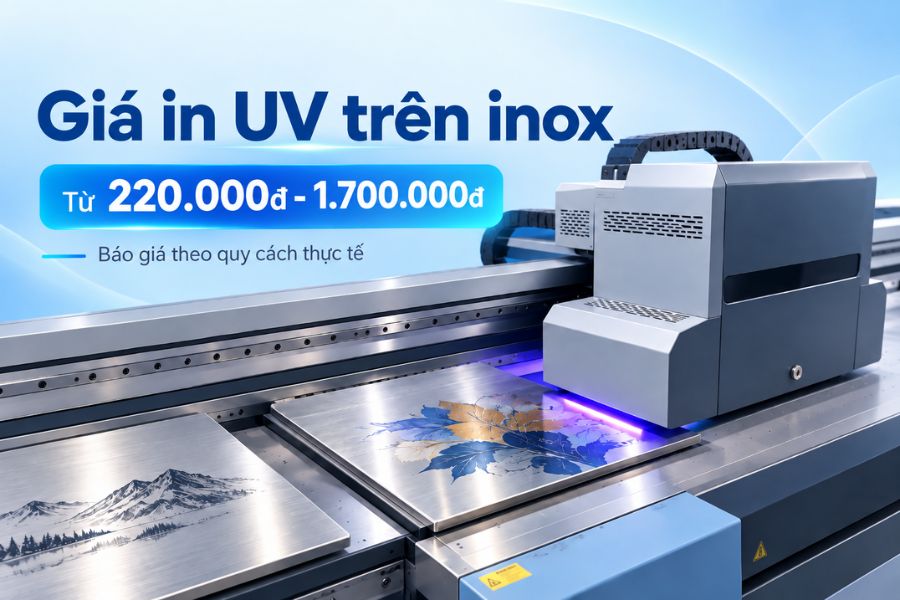 Giá in gia công UV trên inox thực tế phụ thuộc loại inox, diện tích hình, số lớp mực, kích thước và số lượng sản xuất Giá in gia công UV trên inox thực tế phụ thuộc loại inox, diện tích hình, số lớp mực, kích thước và số lượng sản xuất
