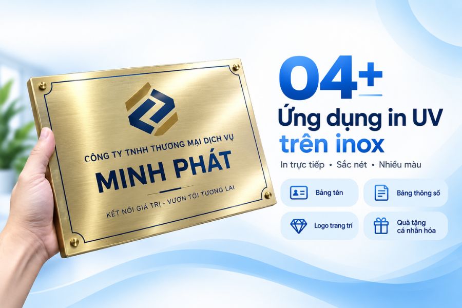Logo, bảng tên, mặt thiết bị và quà tặng inox có thể in trực tiếp nhiều màu theo thiết kế