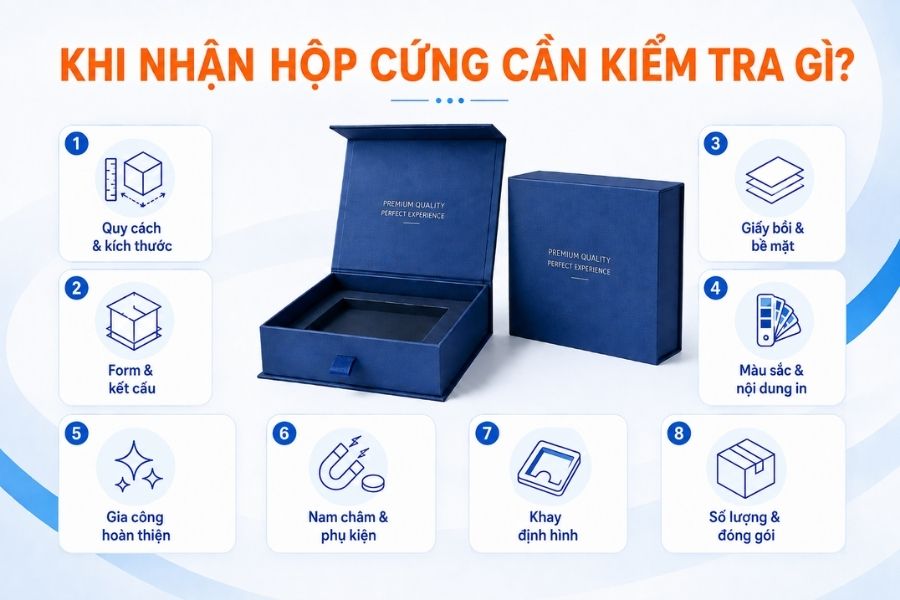 Kiểm tra kích thước, form, giấy bồi, màu in, phụ kiện và đóng gói khi nhận hộp cứng Kiểm tra kích thước, form, giấy bồi, màu in, phụ kiện và đóng gói khi nhận hộp cứng